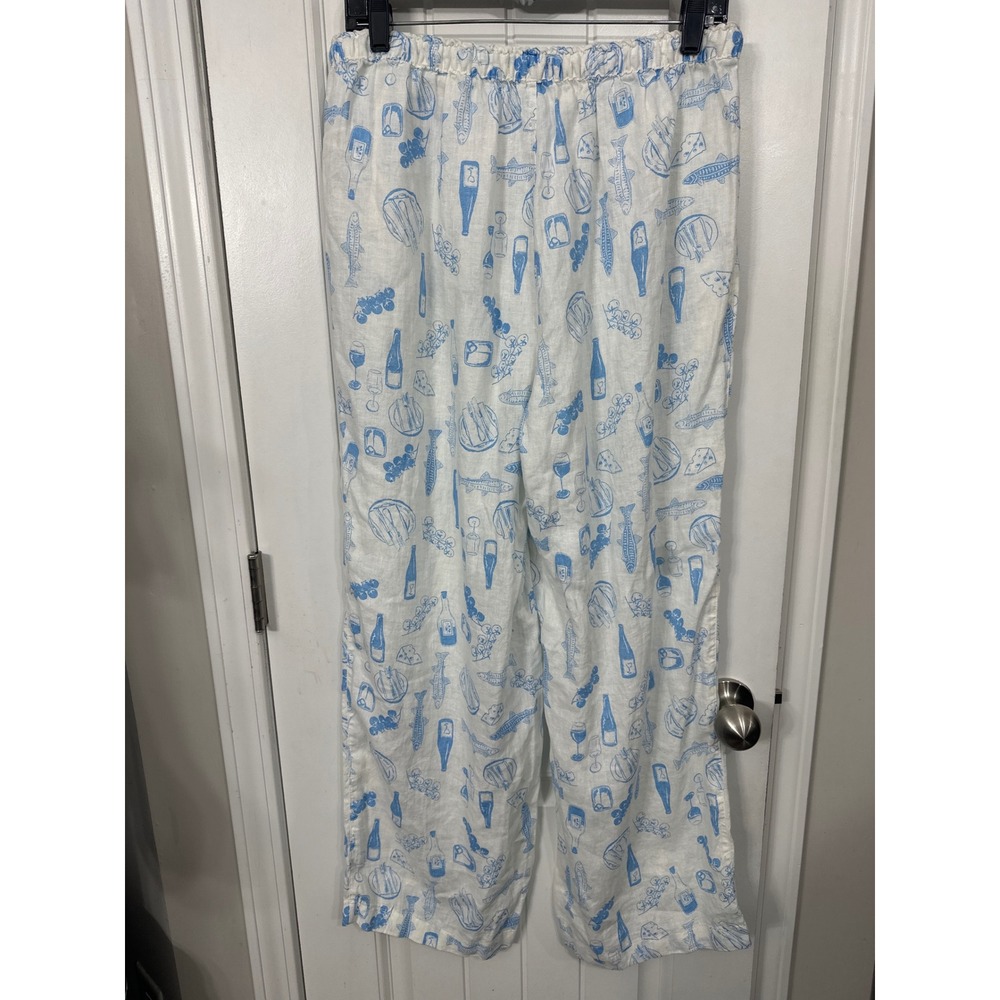 Cynthia Rowley 100% Linen Wide Leg Pants Blue White Wine Fish Print Womens L - Picture 4 of 7